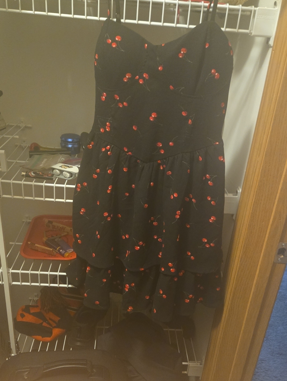 Inspired Hearts Black Mini Dress with Red Cherry Print